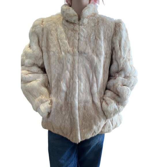 Vintage 1980s White Rabbit Fur Coat Car Length Puff Sleeve Stand-Up Collar M - Picture 2 of 11